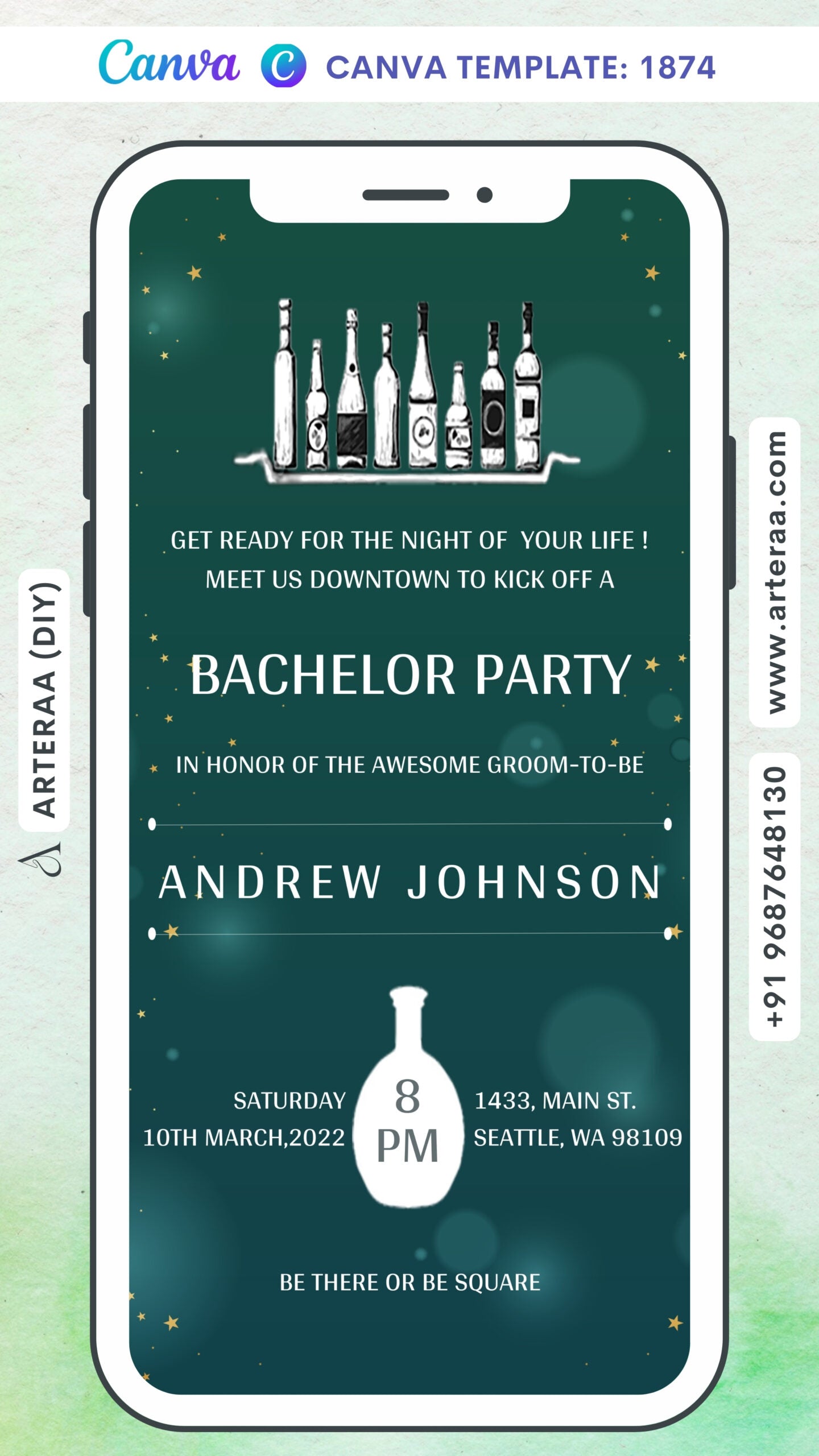 Bachelor Party invitation card Canva Editable Template in english language with bottle as glittery theme design 1874