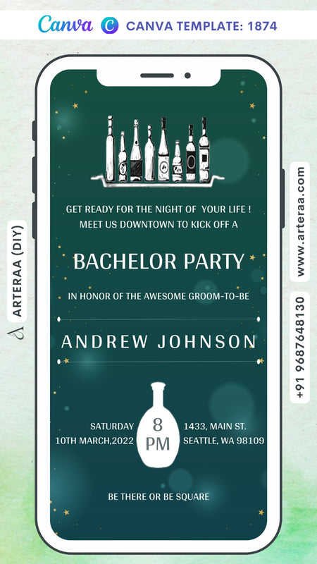 Bachelor Party invitation card Canva Editable Template in english language with bottle as glittery theme design 1874
