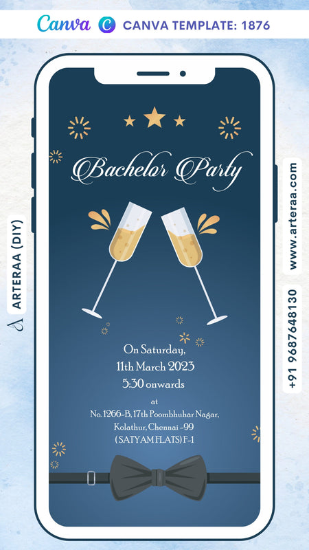 Bachelor Party invitation card Canva Editable Template in english language with cocktail glass as minimalistic theme design 1876