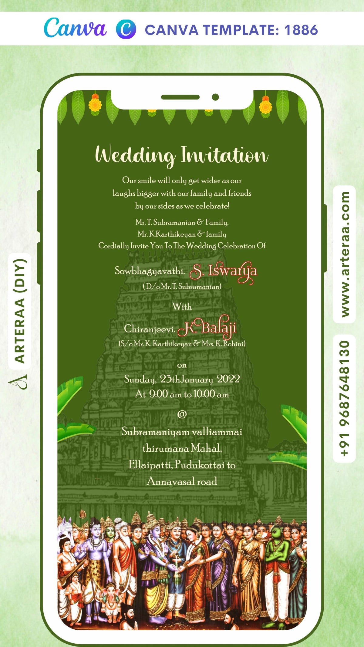 Wedding ceremony invitation card Canva Editable Template of hindu south indian tamil family in english language with temple theme design 1886