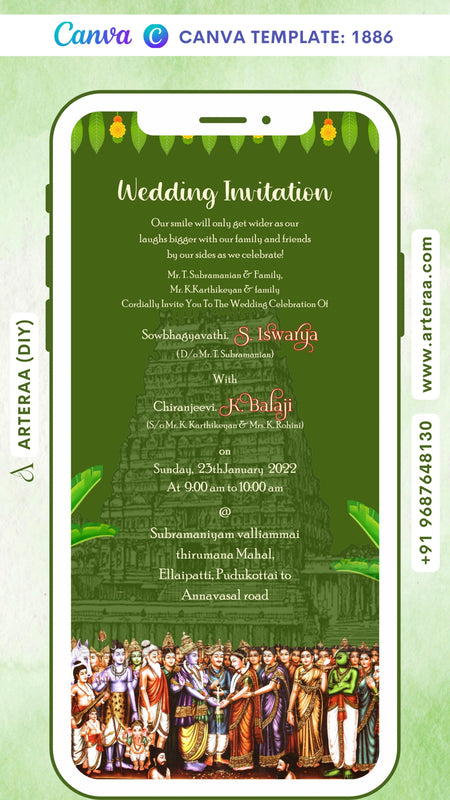 Wedding ceremony invitation card Canva Editable Template of hindu south indian tamil family in english language with temple theme design 1886