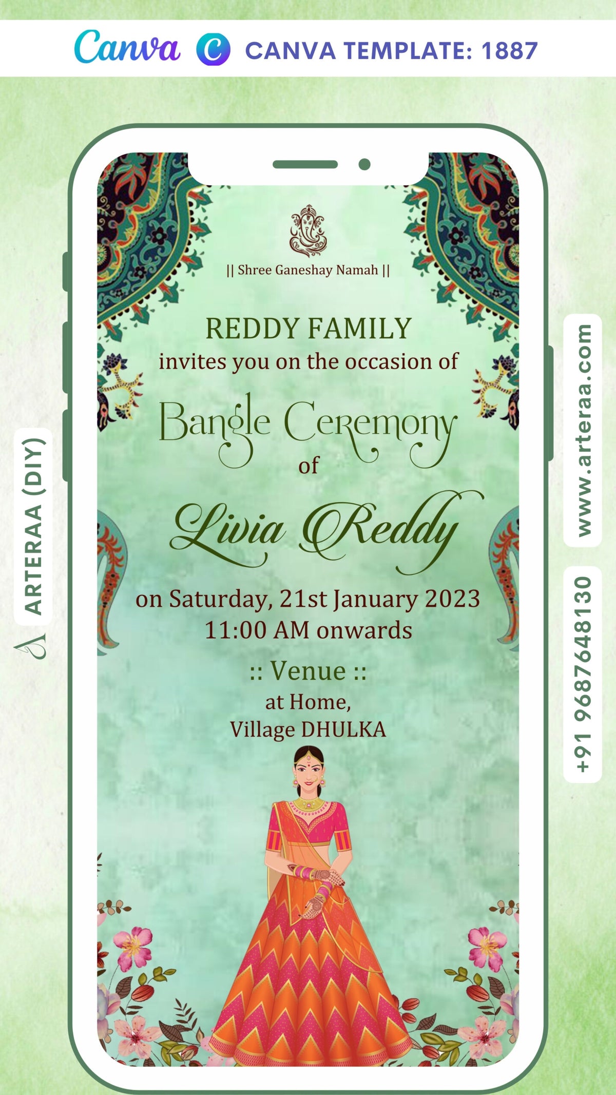 Choora ceremony invitation card Canva Editable Template in english language with traditional theme design 1887