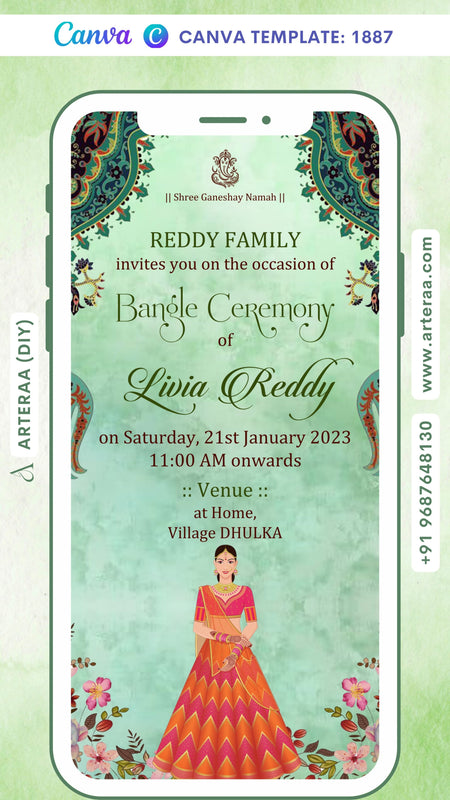 Choora ceremony invitation card Canva Editable Template in english language with traditional theme design 1887