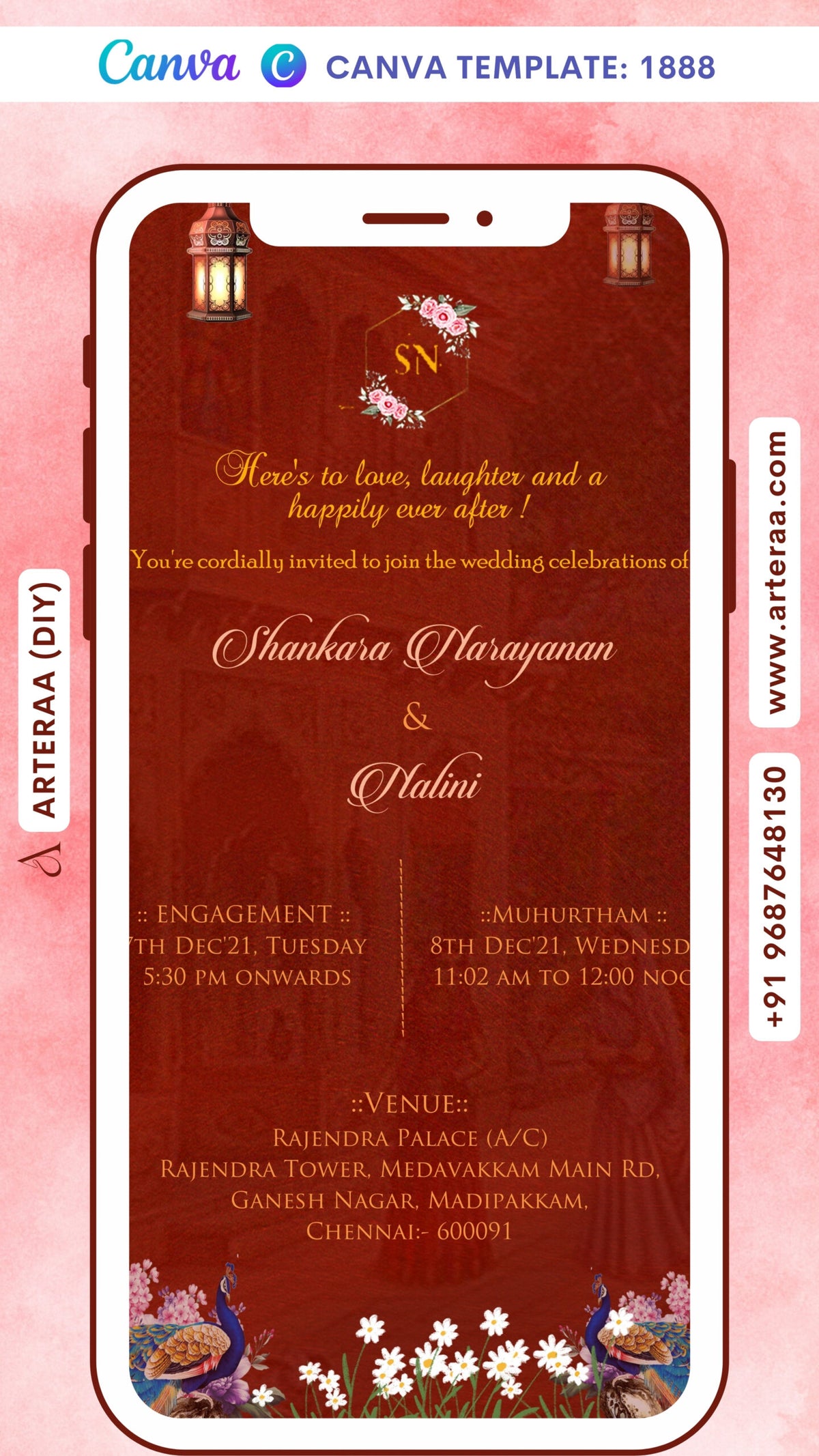 Wedding ceremony invitation card Canva Editable Template of hindu south indian tamil family in english language with traditional theme design 1888