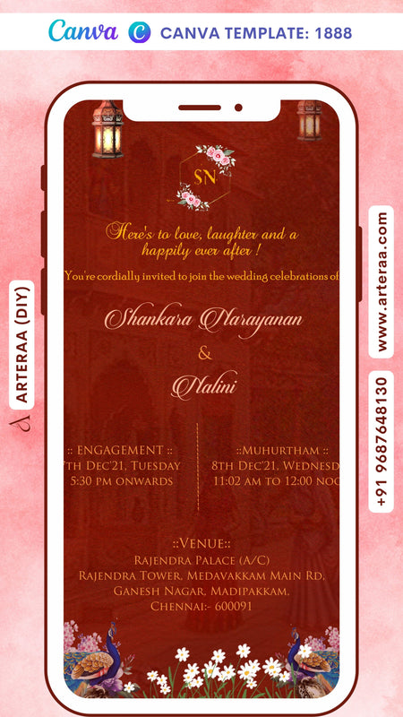 Wedding ceremony invitation card Canva Editable Template of hindu south indian tamil family in english language with traditional theme design 1888