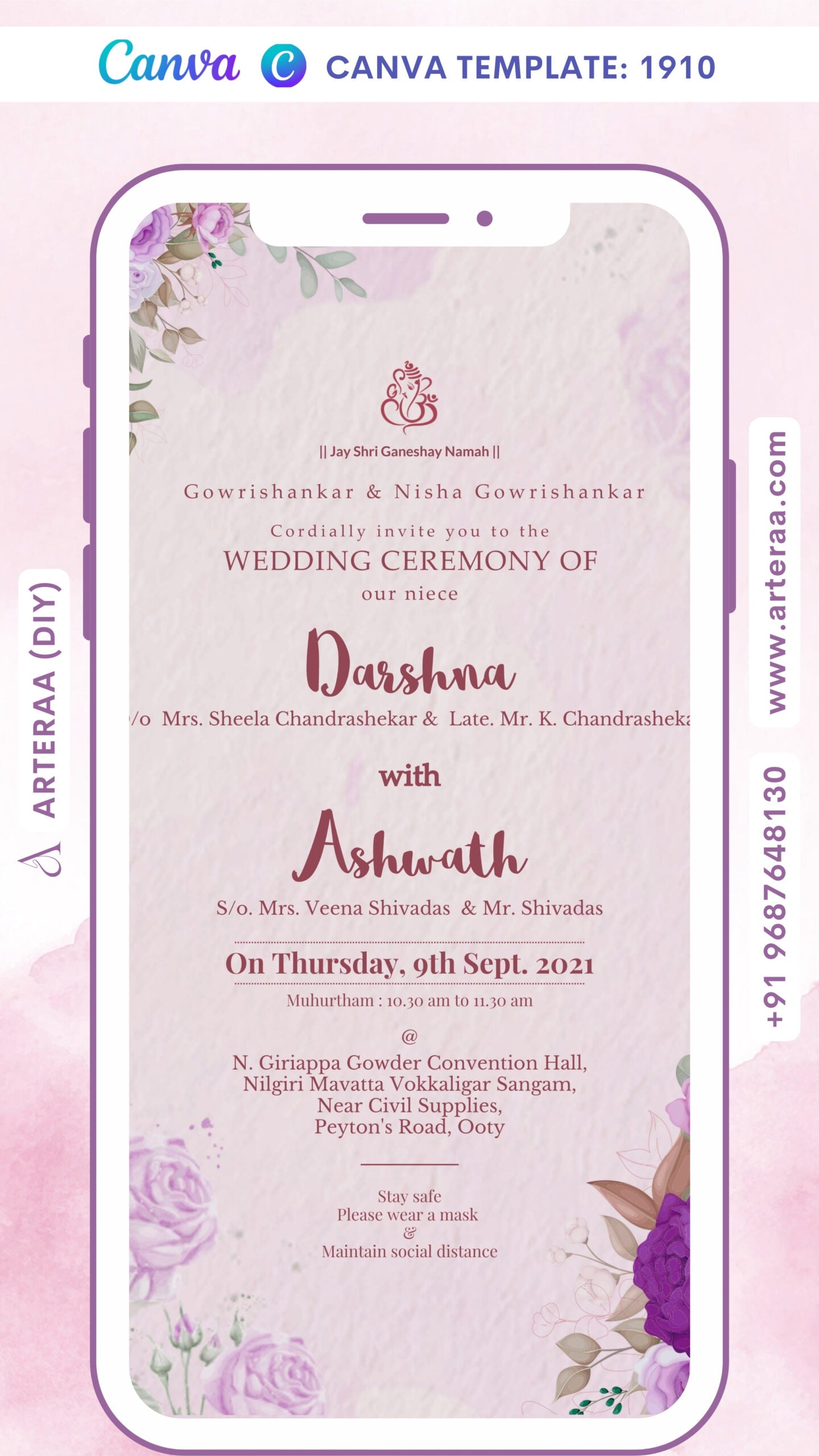 Wedding ceremony invitation card Canva Editable Template of hindu south indian tamil family in english language with artistic flowers theme design 1910