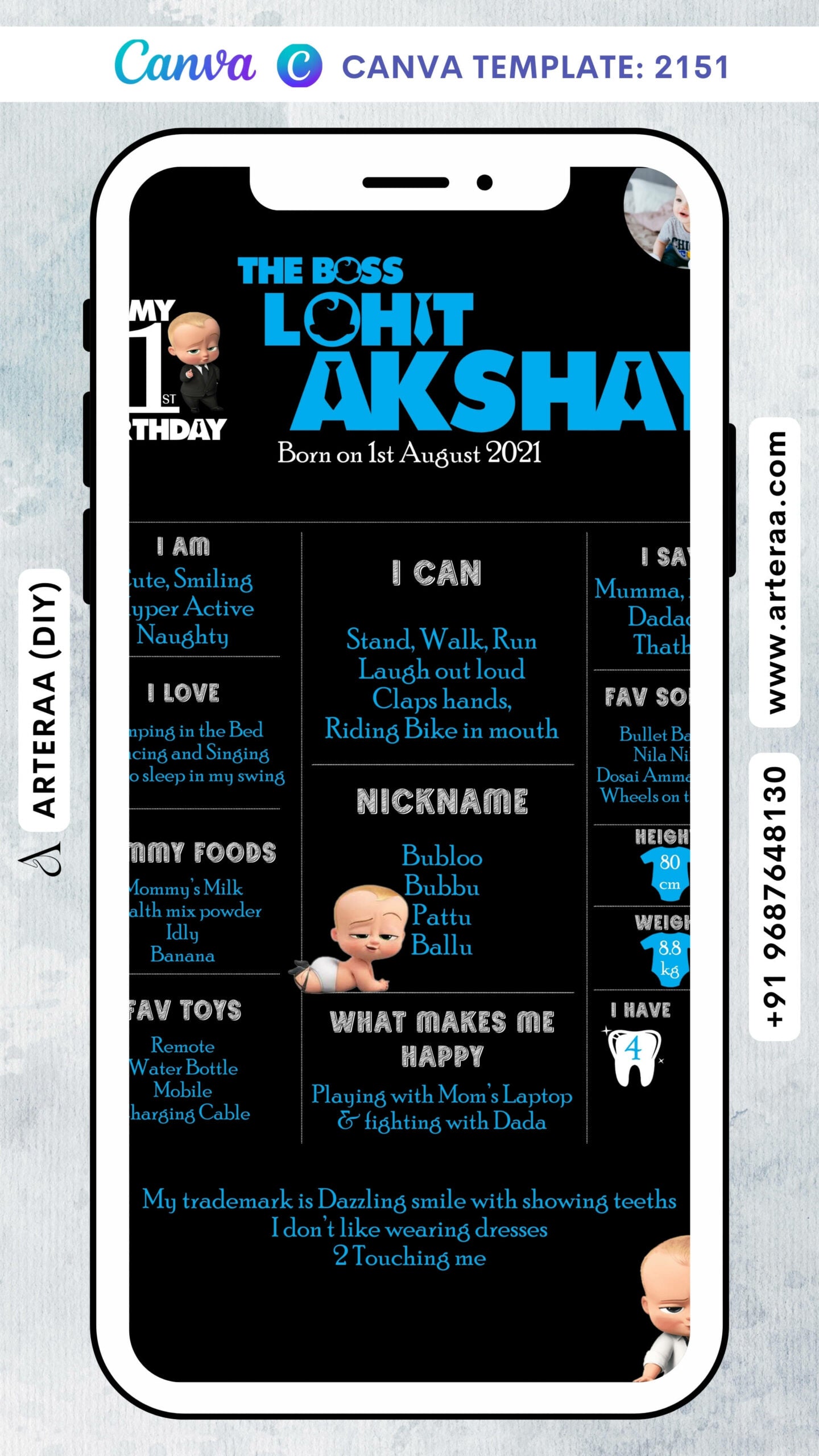 Birthday party invitation card Canva Editable Template for girl in english language with Boss Baby theme design 2151