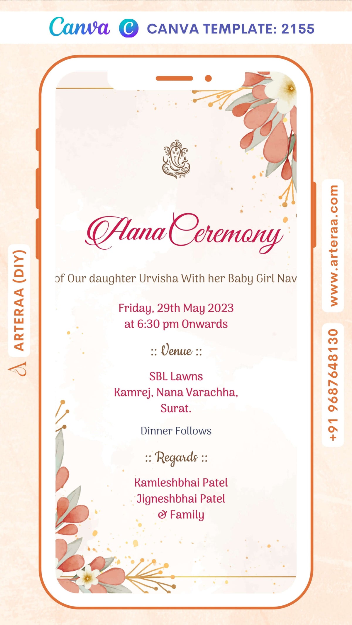 Aana ceremony invitation card Canva Editable Template in english language with flowers, leaves as floral theme design 2155