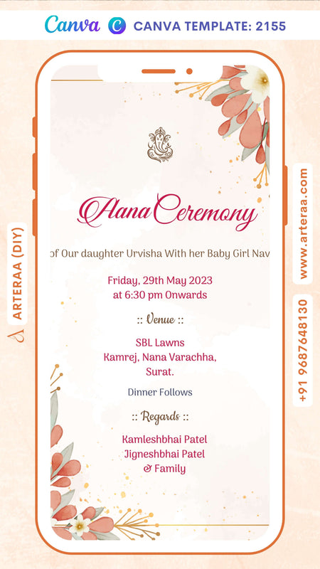 Aana ceremony invitation card Canva Editable Template in english language with flowers, leaves as floral theme design 2155