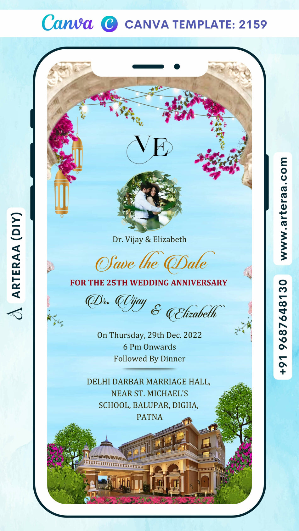 Digital Aniversary Invitation of Indian Family in English Language With Traditional Theme Canva Editable Template Design No. 2159