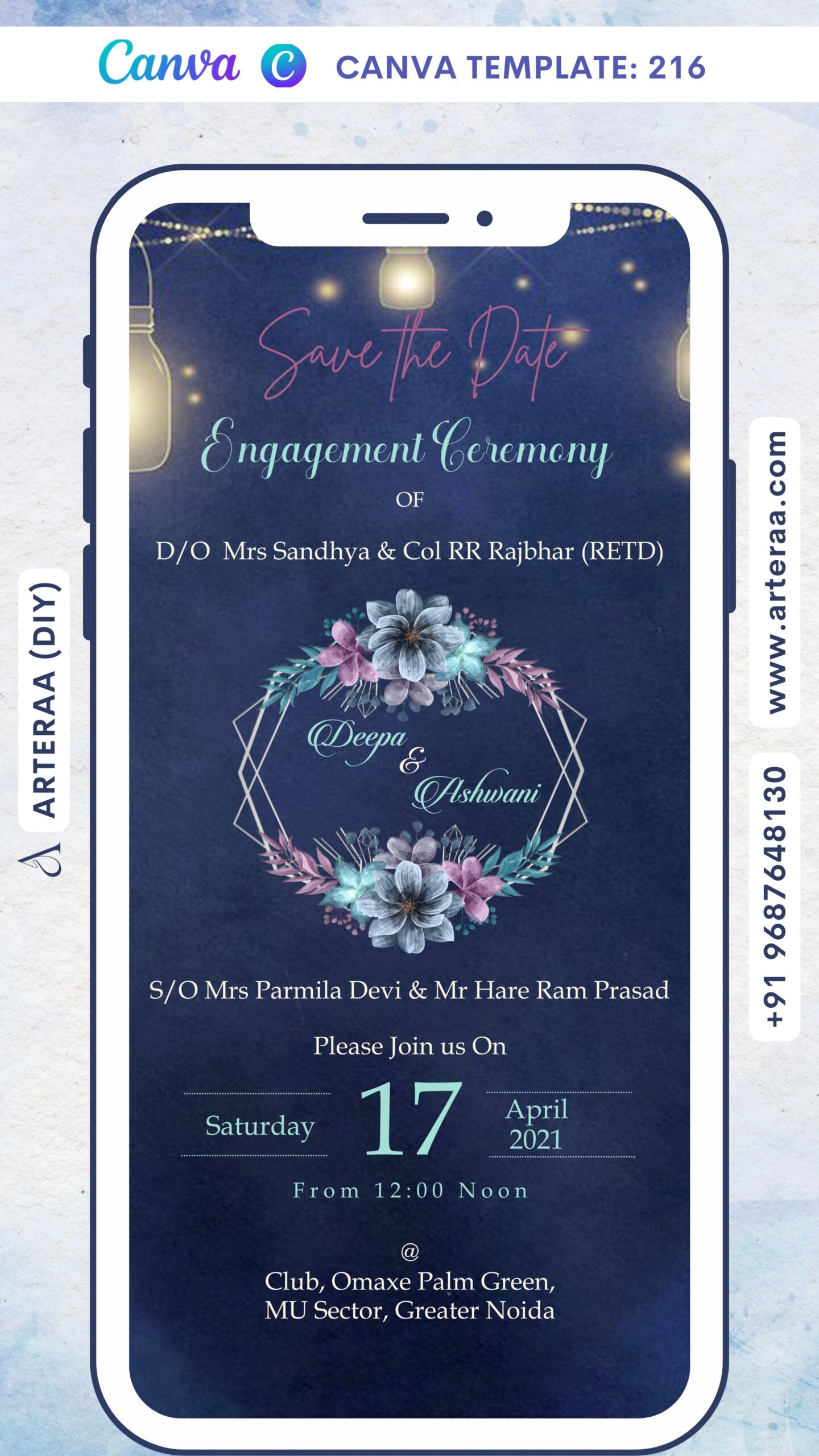 Engagement ceremony invitation card Canva Editable Template in english language with jar, leaves, flowers as night theme design 216