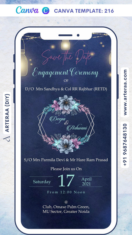 Engagement ceremony invitation card Canva Editable Template in english language with jar, leaves, flowers as night theme design 216