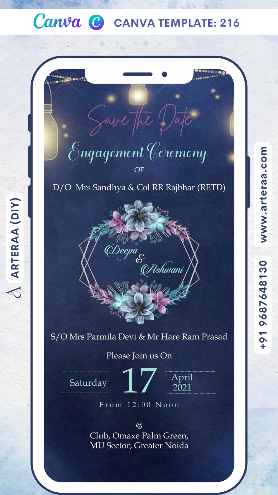 Engagement ceremony invitation card Canva Editable Template in english language with jar, leaves, flowers as night theme design 216