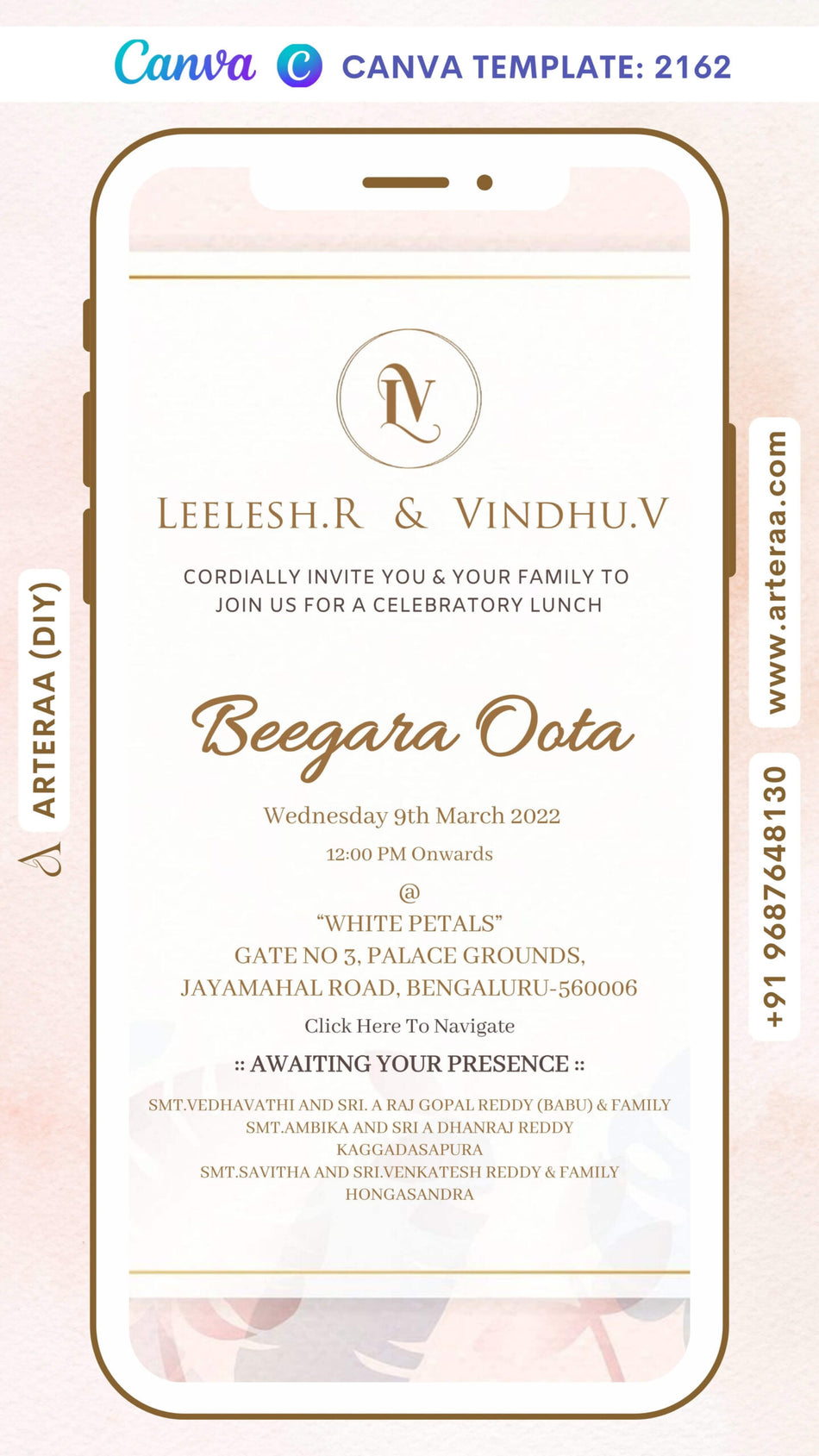 Beegara oota invitation card Canva Editable Template in english language with couple logo, frame as minimalistic theme design 2162