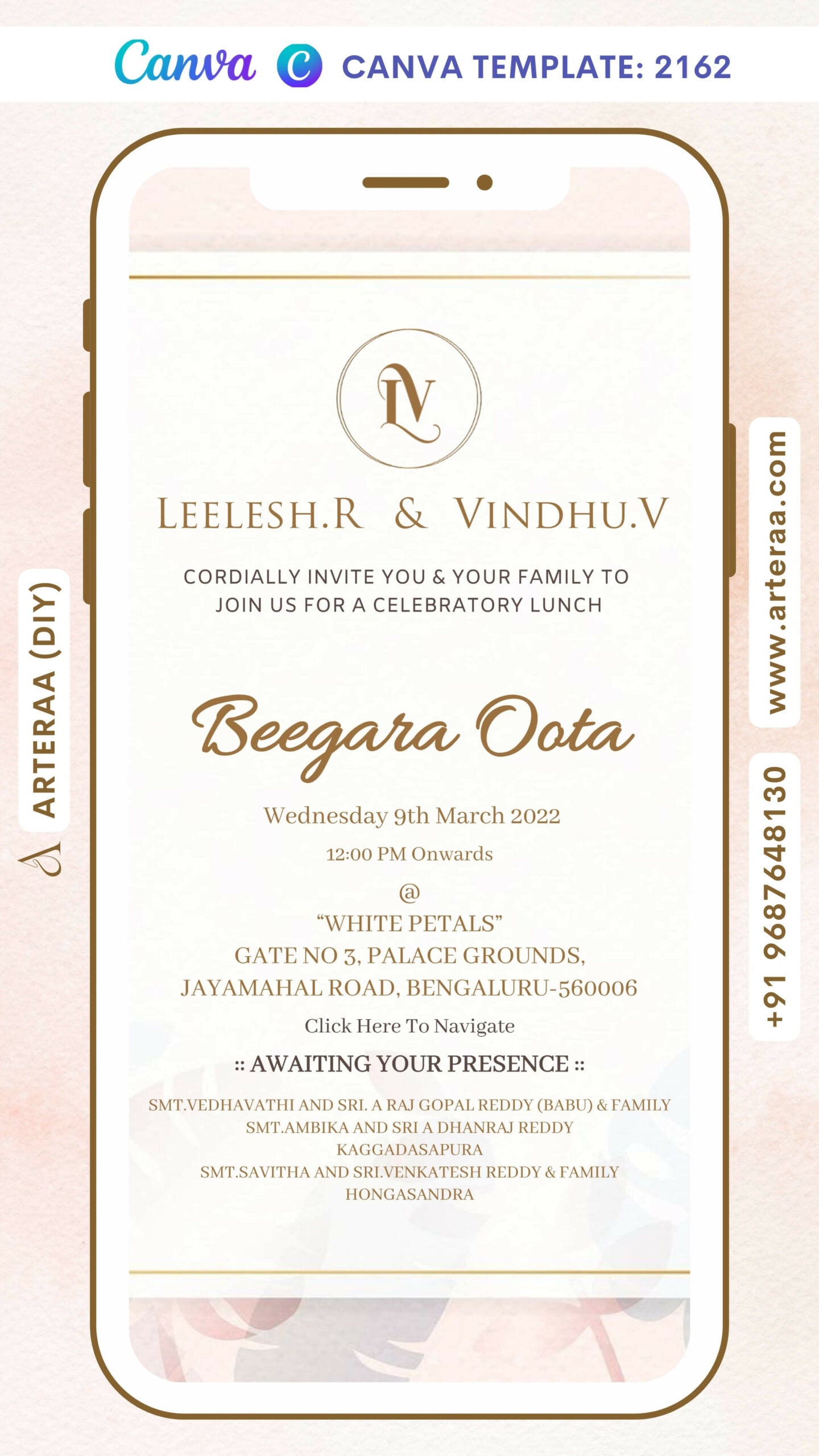 Digital Beegara Oota Invitation of South Indian Family in English Language With Vintage Theme Canva Editable Template Design No. 2162