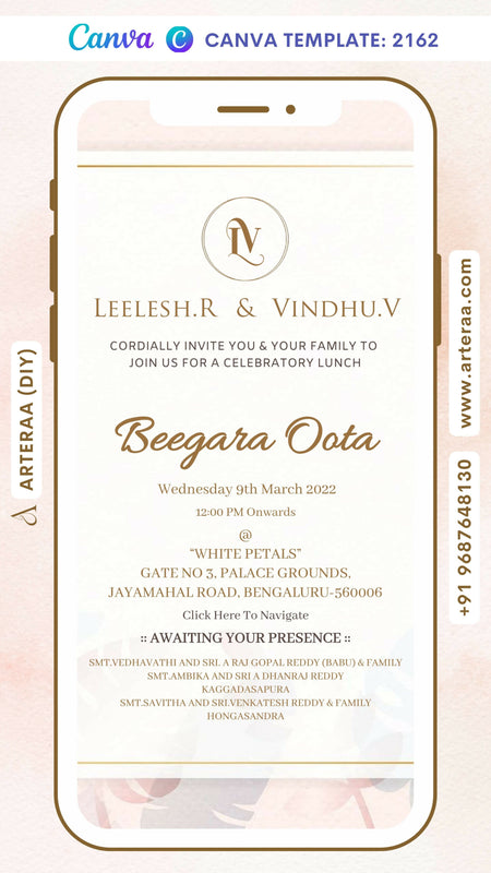 Digital Beegara Oota Invitation of South Indian Family in English Language With Vintage Theme Canva Editable Template Design No. 2162