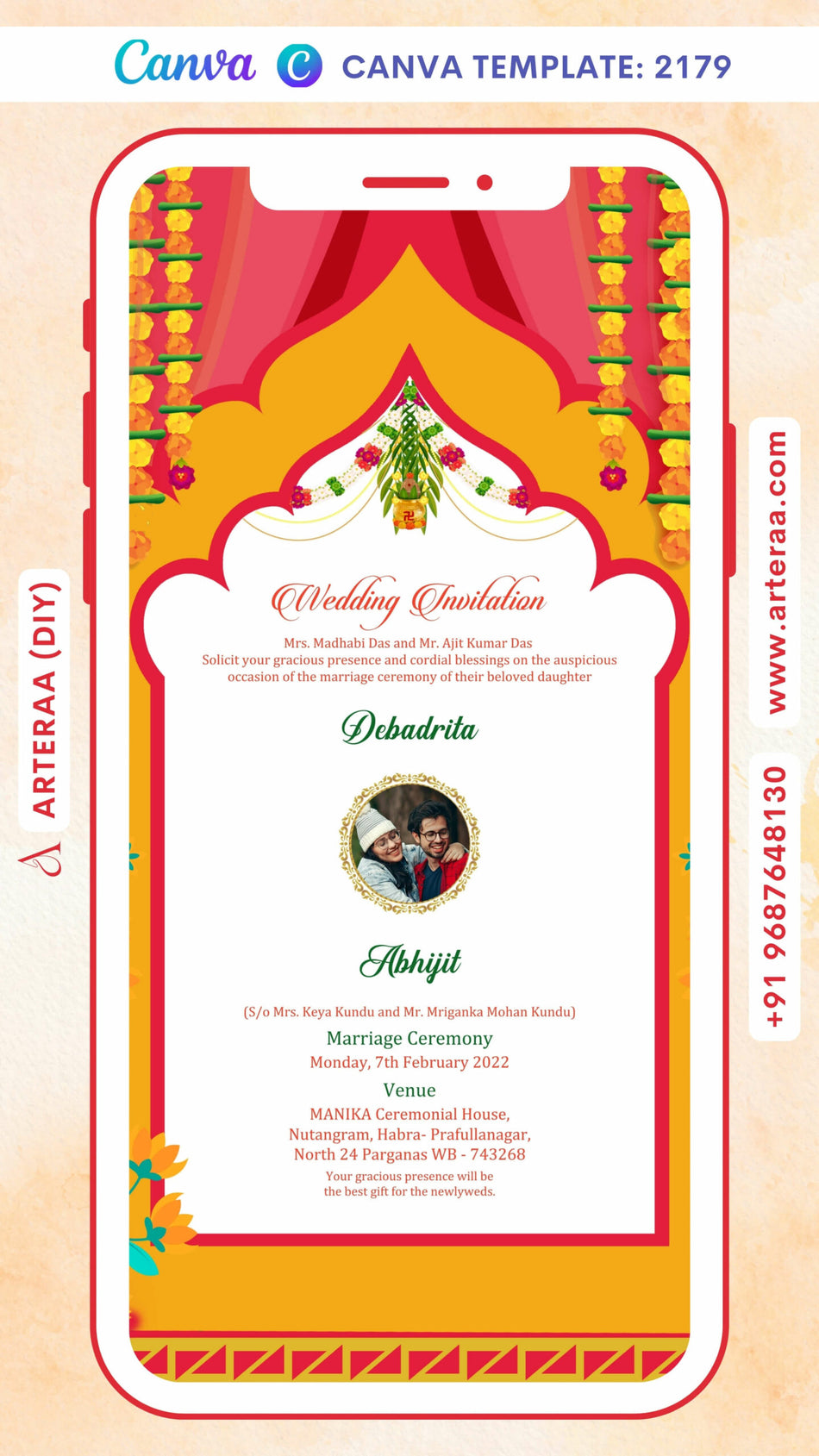 Wedding ceremony invitation card Canva Editable Template of hindu west bengal bengali family in english language with arch theme design 2179