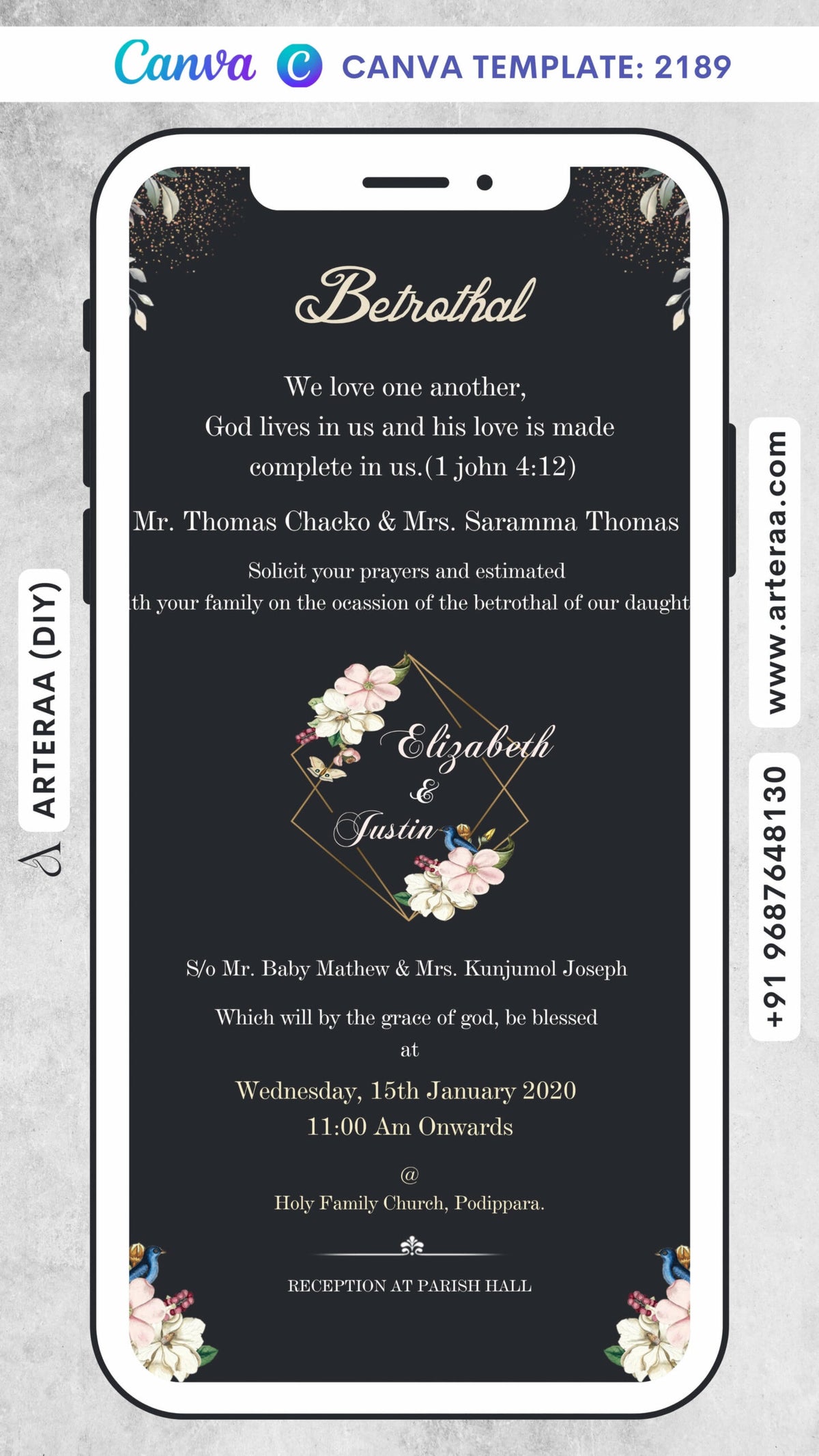 Betrothal ceremony invitation card Canva Editable Template for Catholic family in english language with frame, flowers as minimalistic theme design 2189