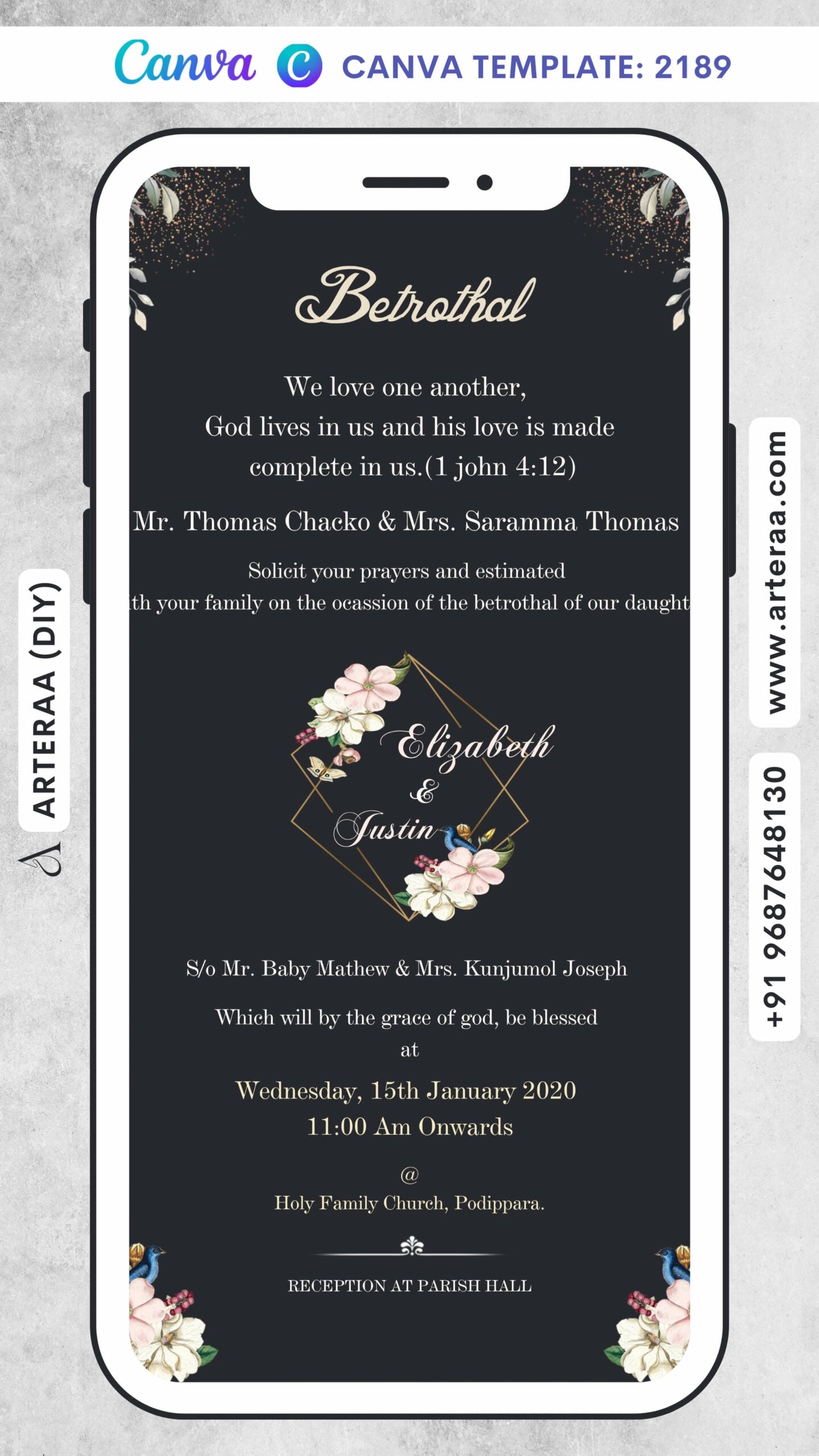 Betrothal ceremony invitation card Canva Editable Template for Catholic family in english language with frame, flowers as minimalistic theme design 2189