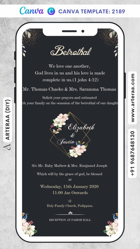 Betrothal ceremony invitation card Canva Editable Template for Catholic family in english language with frame, flowers as minimalistic theme design 2189