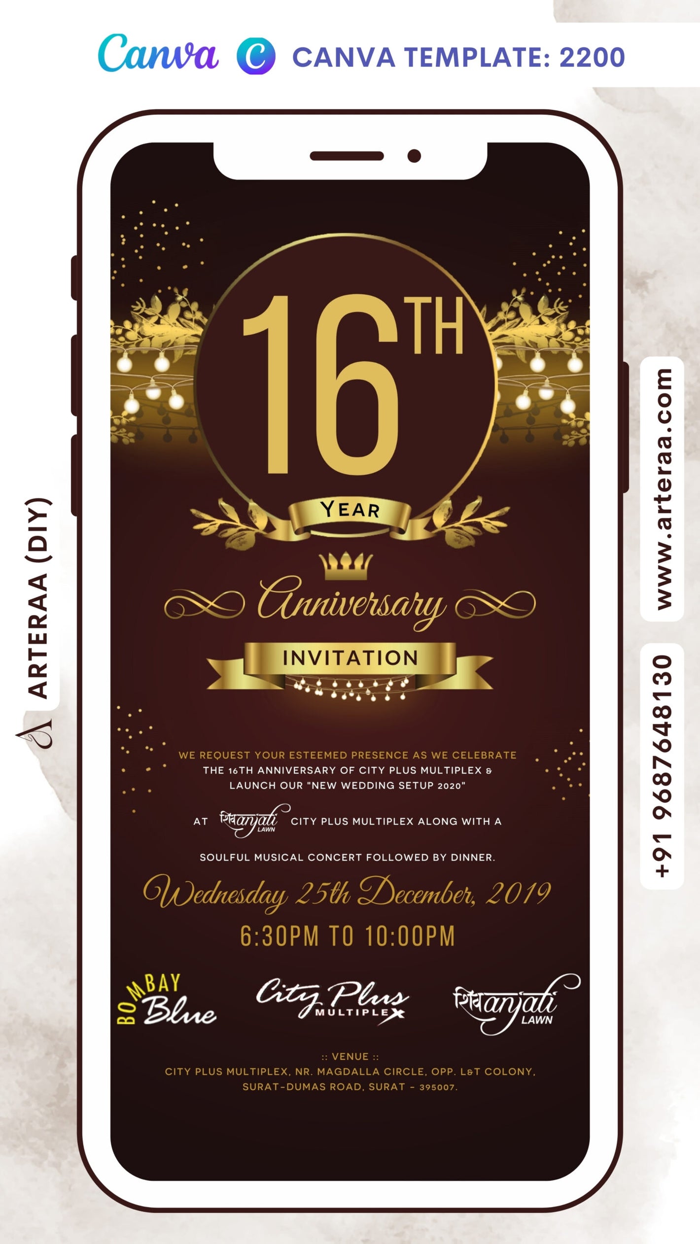 16th Wedding Anniversary invitation card Canva Editable Template in English language with frame, string lights as glittery theme design 2200
