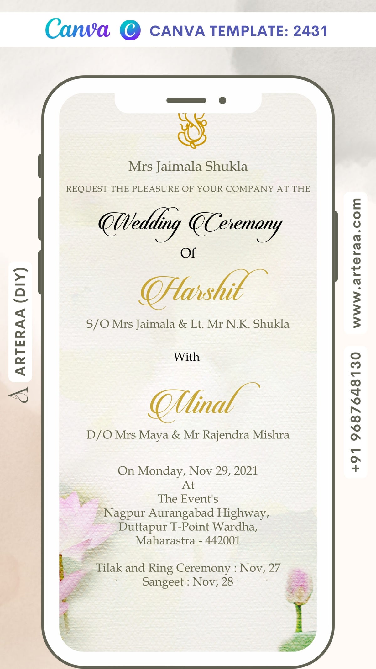 Wedding ceremony invitation card Canva Editable Template of hindu maharashtrian marathi family in english language with artistic floral theme design 2431