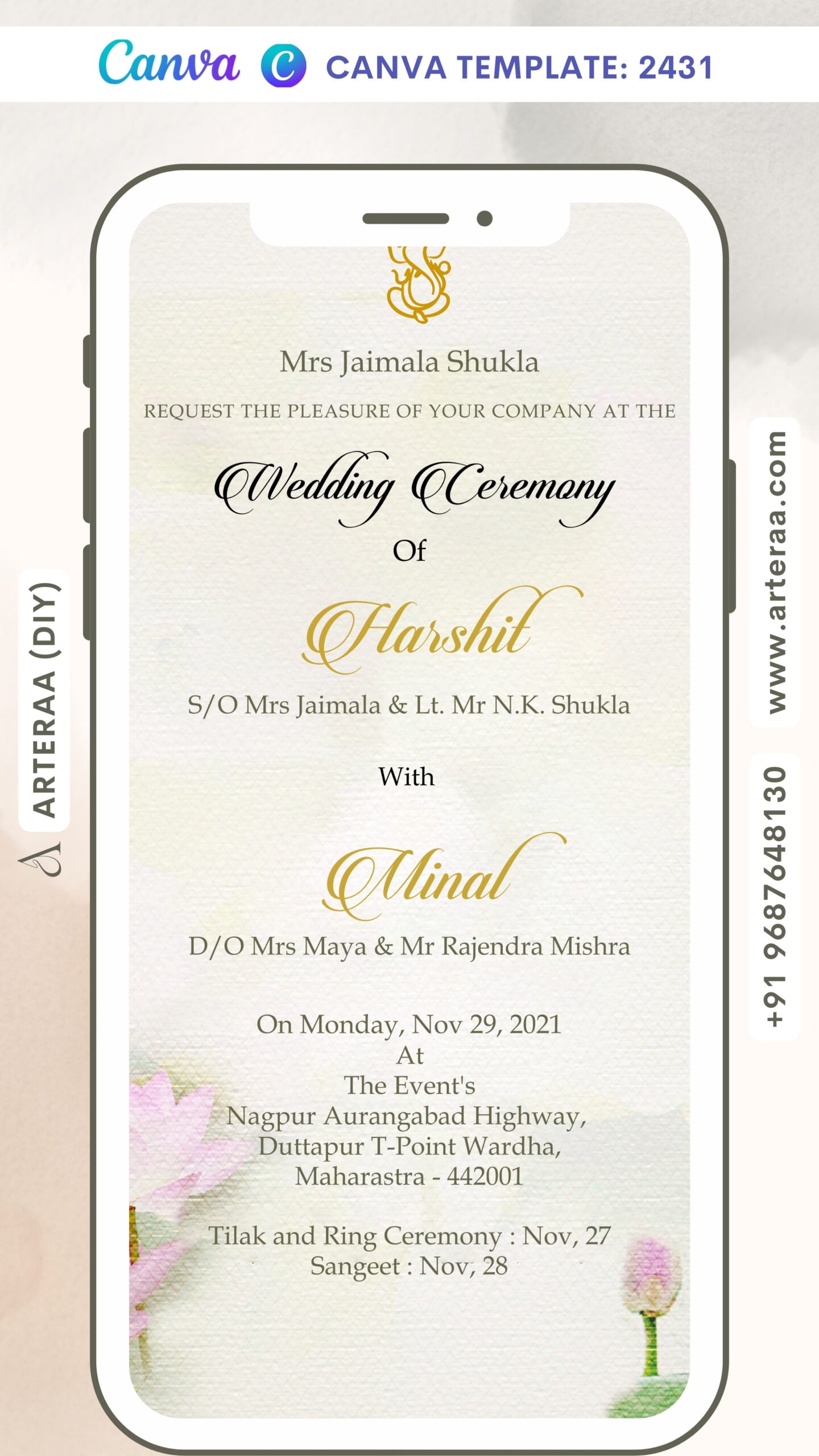 Wedding ceremony invitation card Canva Editable Template of hindu maharashtrian marathi family in english language with artistic floral theme design 2431