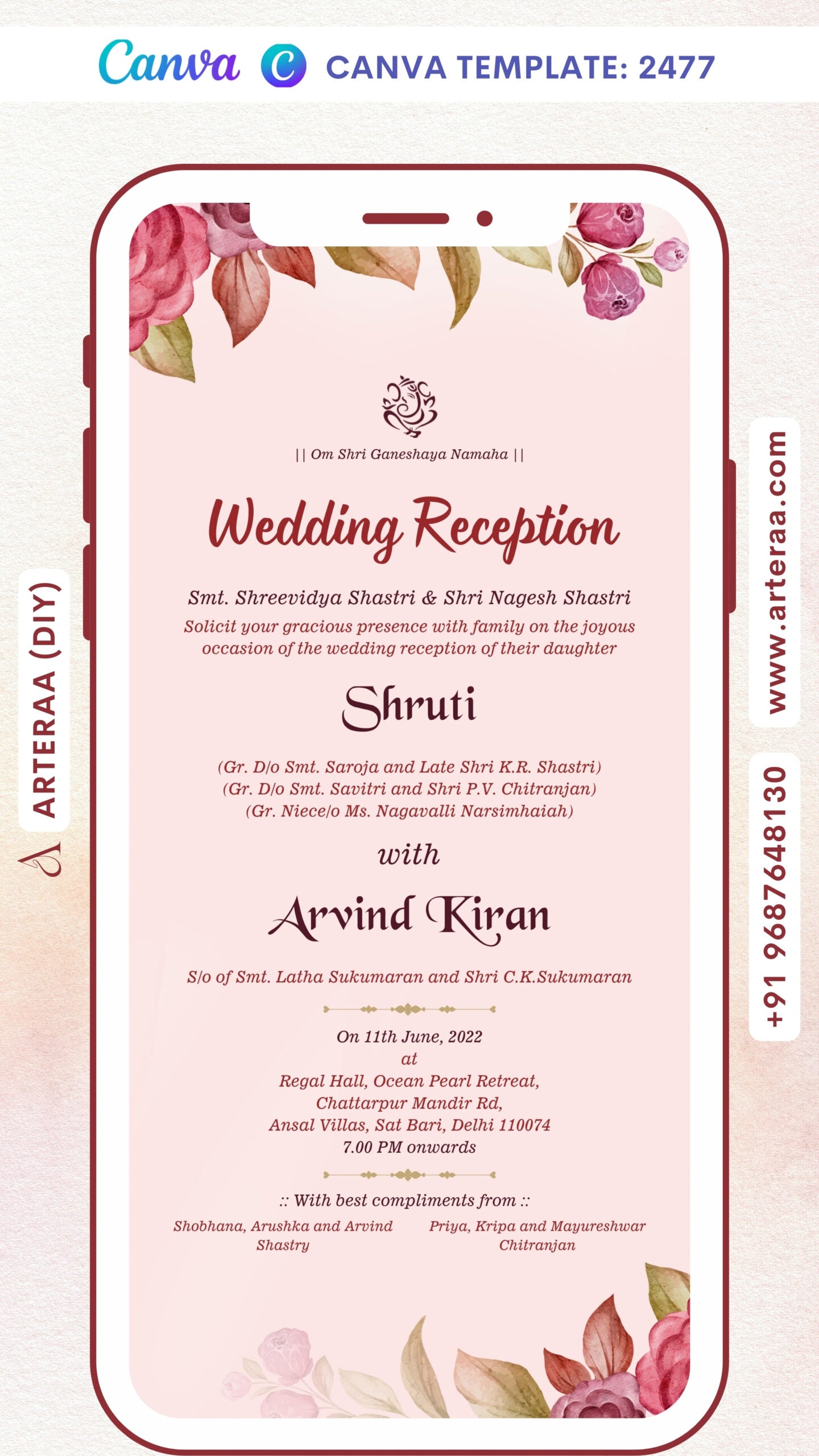 Reception Party invitation card Canva Editable Template in english language with flowers, leaves as floral theme design 2477