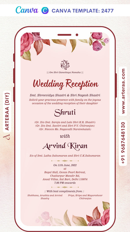 Reception Party invitation card Canva Editable Template in english language with flowers, leaves as floral theme design 2477