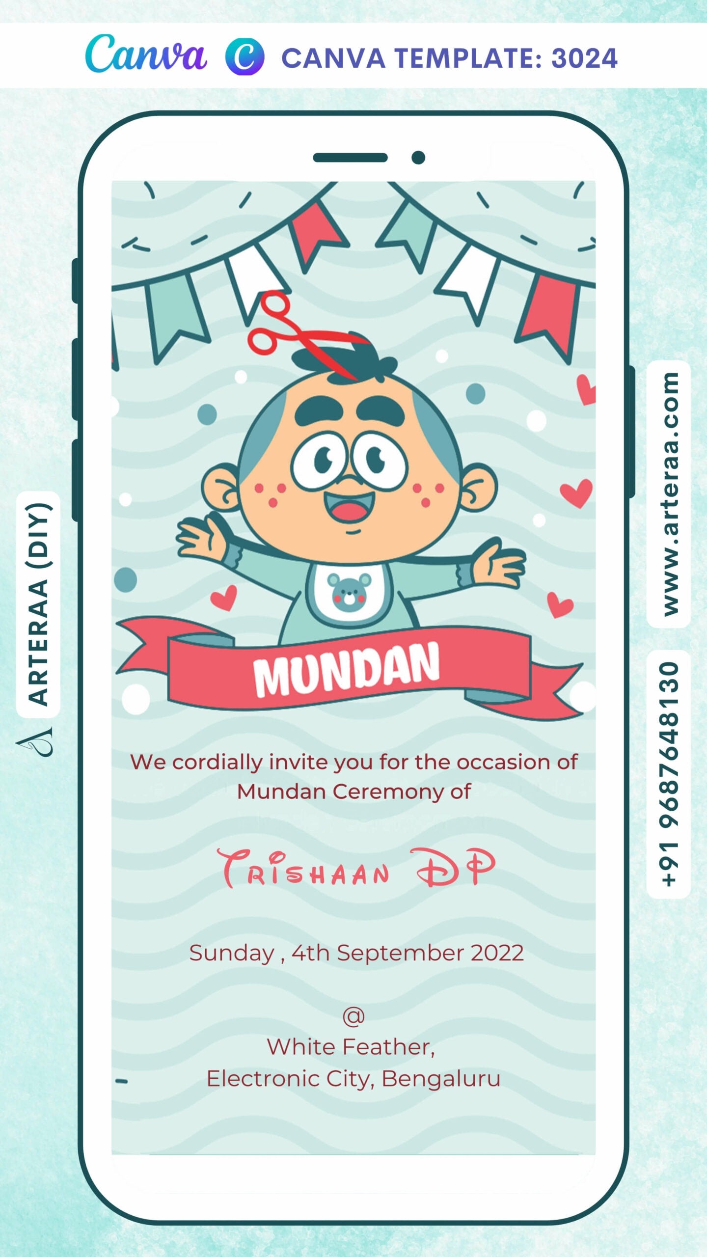 Digital Mundan Ceremony Invitation Of South Indian Family In English Language With Pastel Blue and Red Disney Theme Canva Editable Template Design No. 3024
