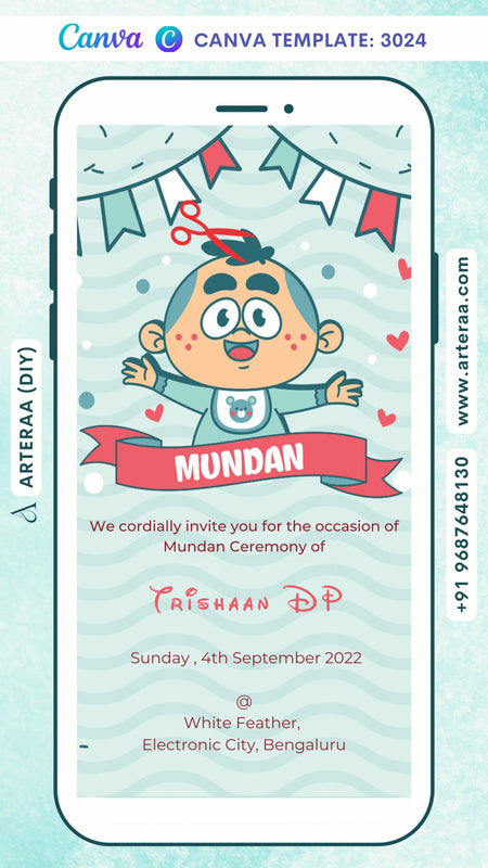 Digital Mundan Ceremony Invitation Of South Indian Family In English Language With Pastel Blue and Red Disney Theme Canva Editable Template Design No. 3024