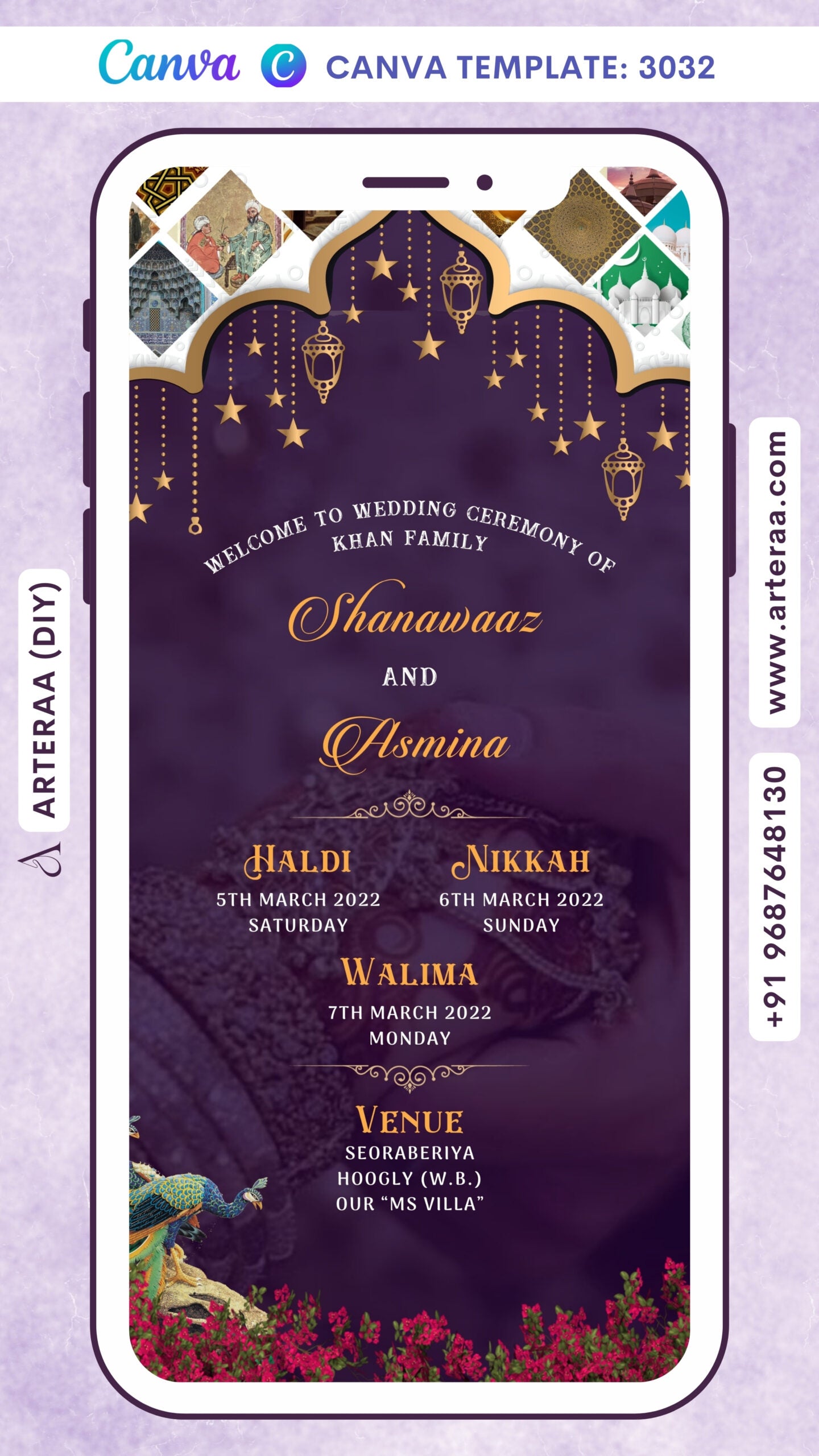 Digital Wedding Ceremony Invitation of Bengali Family in English Language With Indian Traditional Arch Gate and Floral Theme Canva Editable Template Design No. 3032