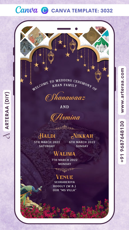Digital Wedding Ceremony Invitation of Bengali Family in English Language With Indian Traditional Arch Gate and Floral Theme Canva Editable Template Design No. 3032