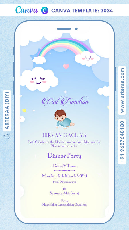 Digital Vad Function Invitation of Indian Family in English Language With Rainbow Theme Canva Editable Template Design No. 3034