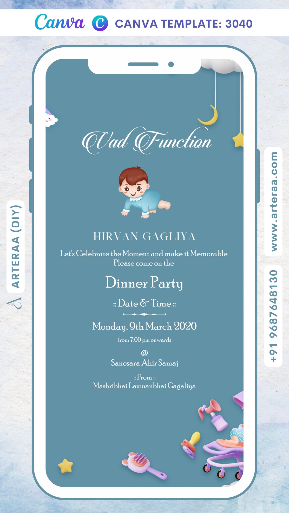 Digital Vad Function Invitation of Indian Family in English Language With Rainbow Theme Canva Editable Template Design No. 3040