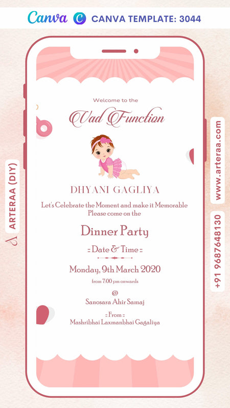 Digital Vad Function Invitation Of Indian Family In English Language With Pastel pink Theme Canva Editable Template design no - 3044