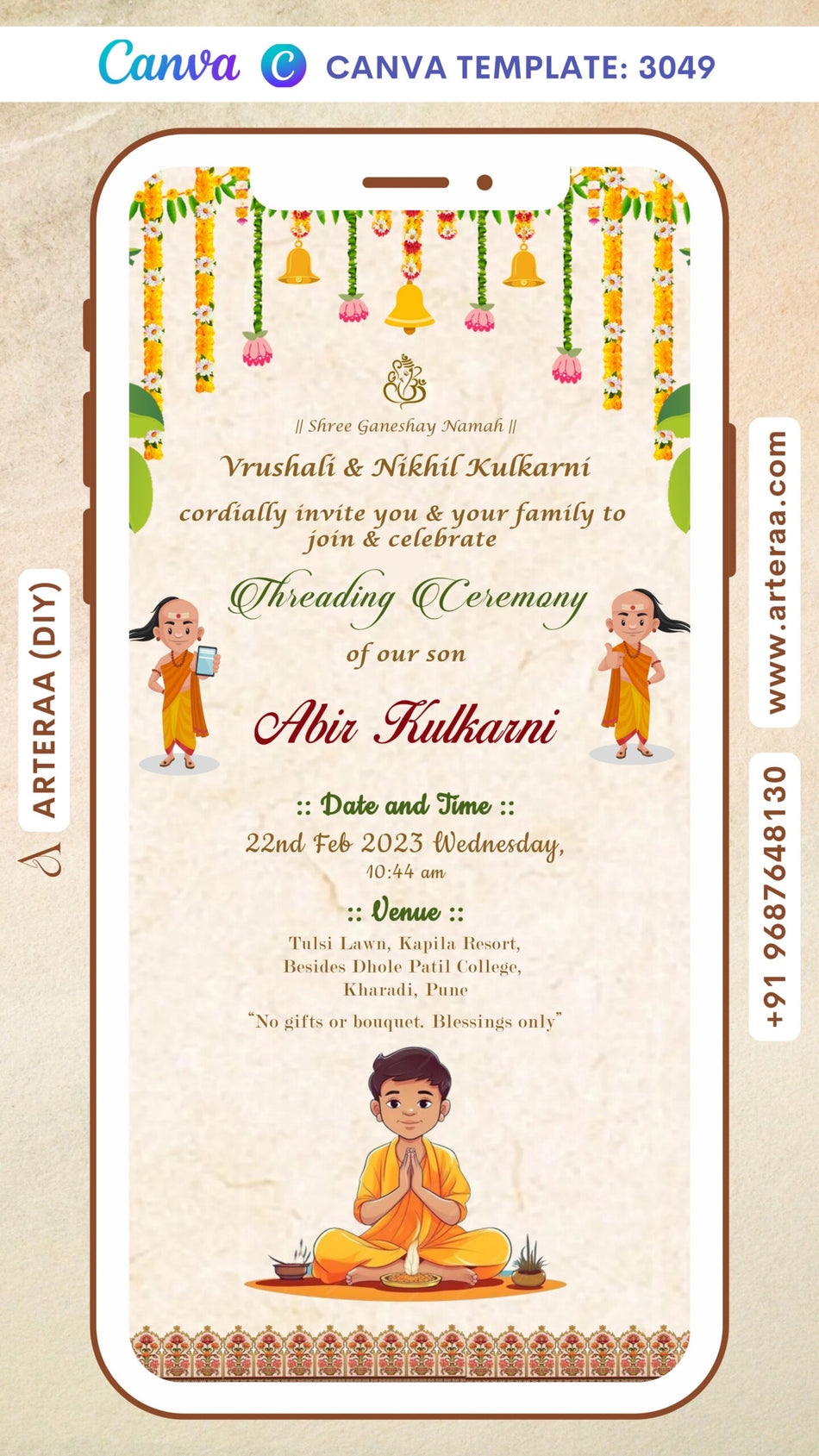 Digital Threading Ceremony Invitation Of Indian Family In English Language With Floral Vintage Theme Canva Editable Template Design No. 3049