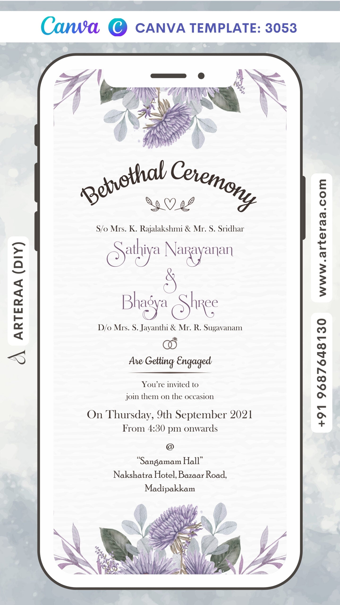 Digital Betrothal Ceremony Invitation Of South Indian Family In English Language With Floral Theme Canva Editable Template Design No. 3053