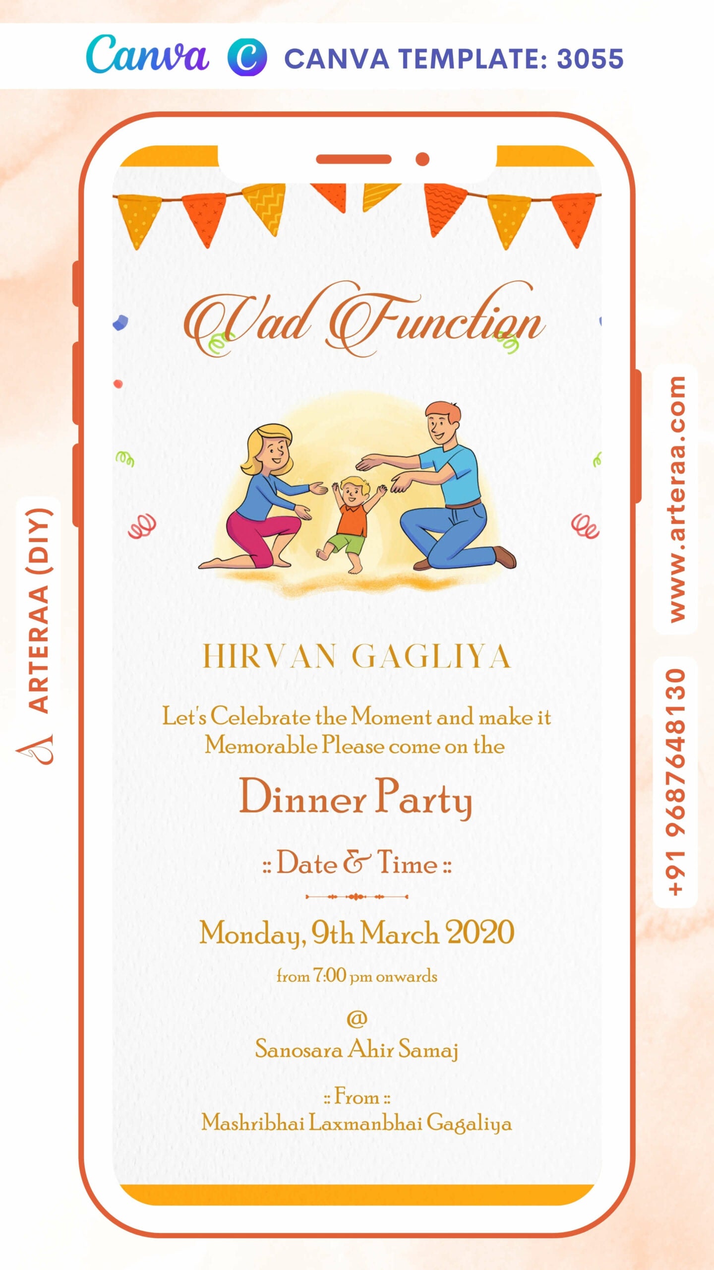 Digital Vad Function Invitation Of Indian Family In English Language With Floral Theme Canva Editable Template Design No. 3055