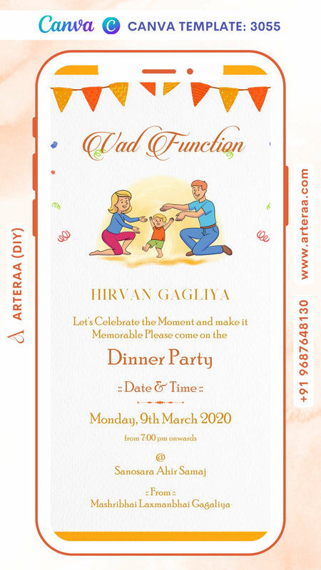 Digital Vad Function Invitation Of Indian Family In English Language With Floral Theme Canva Editable Template Design No. 3055
