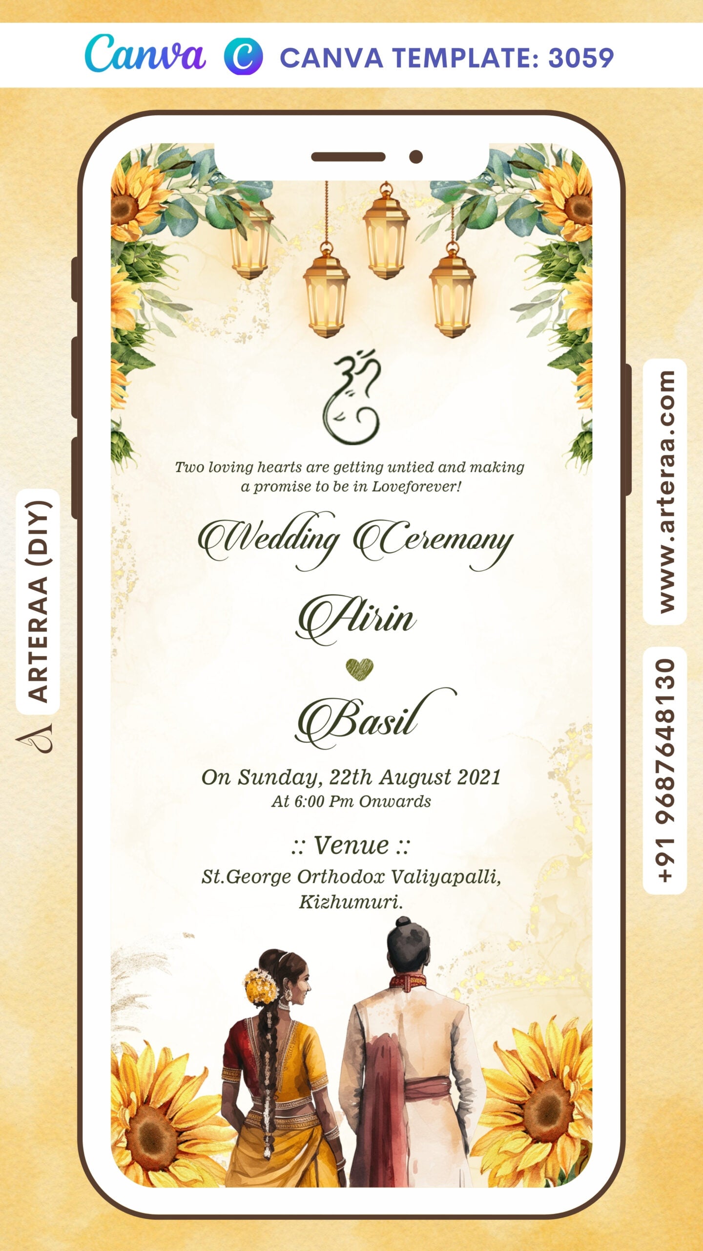 Digital Wedding Ceremony Invitation of South Indian Family in English Language With Aesthetic Vintage Floral Theme Canva Editable Template Design No. 3059