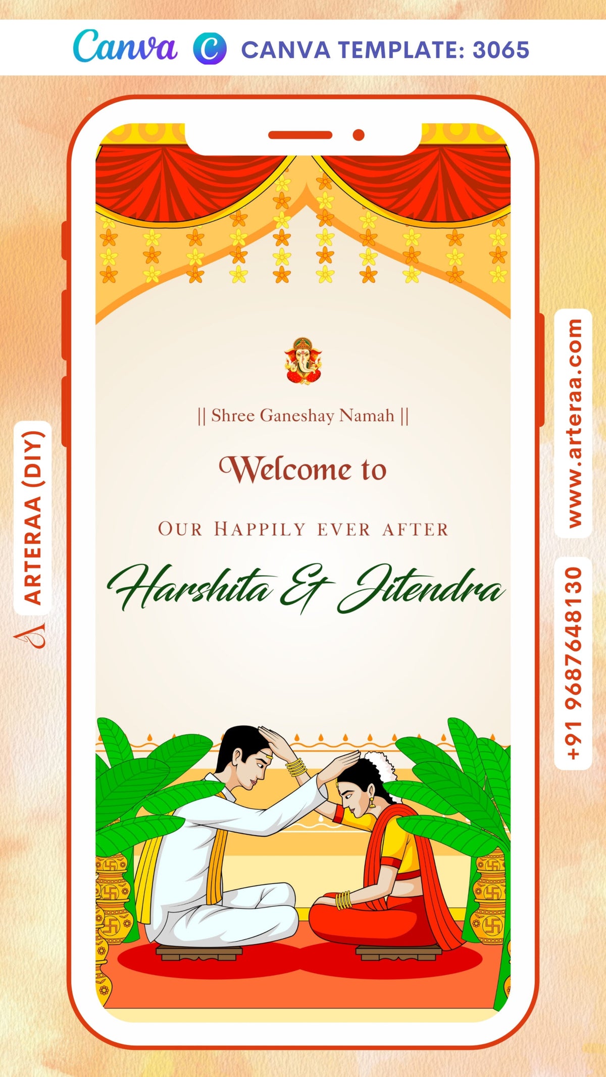 Digital Wedding Ceremony Invitation of Indian Family in English Language with Traditional Theme Canva Editable Template Design No. 3065