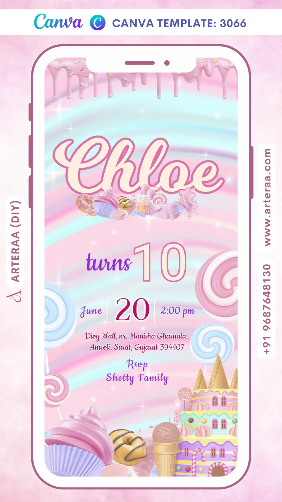 Digital Birthday Invitation Invitation Of Indian Family In English Language With Sweet Candy Land Theme Canva Editable Template Design No. 3066