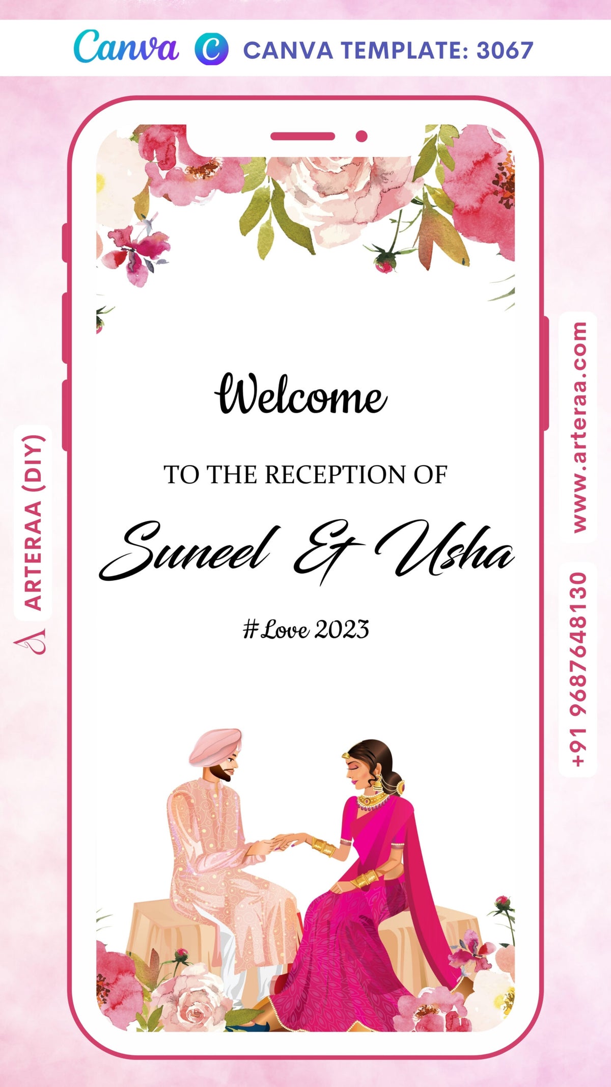 Digital Reception Invitation of Indian Family in English Language With Floral Theme Canva Editable Template Design No. 3067