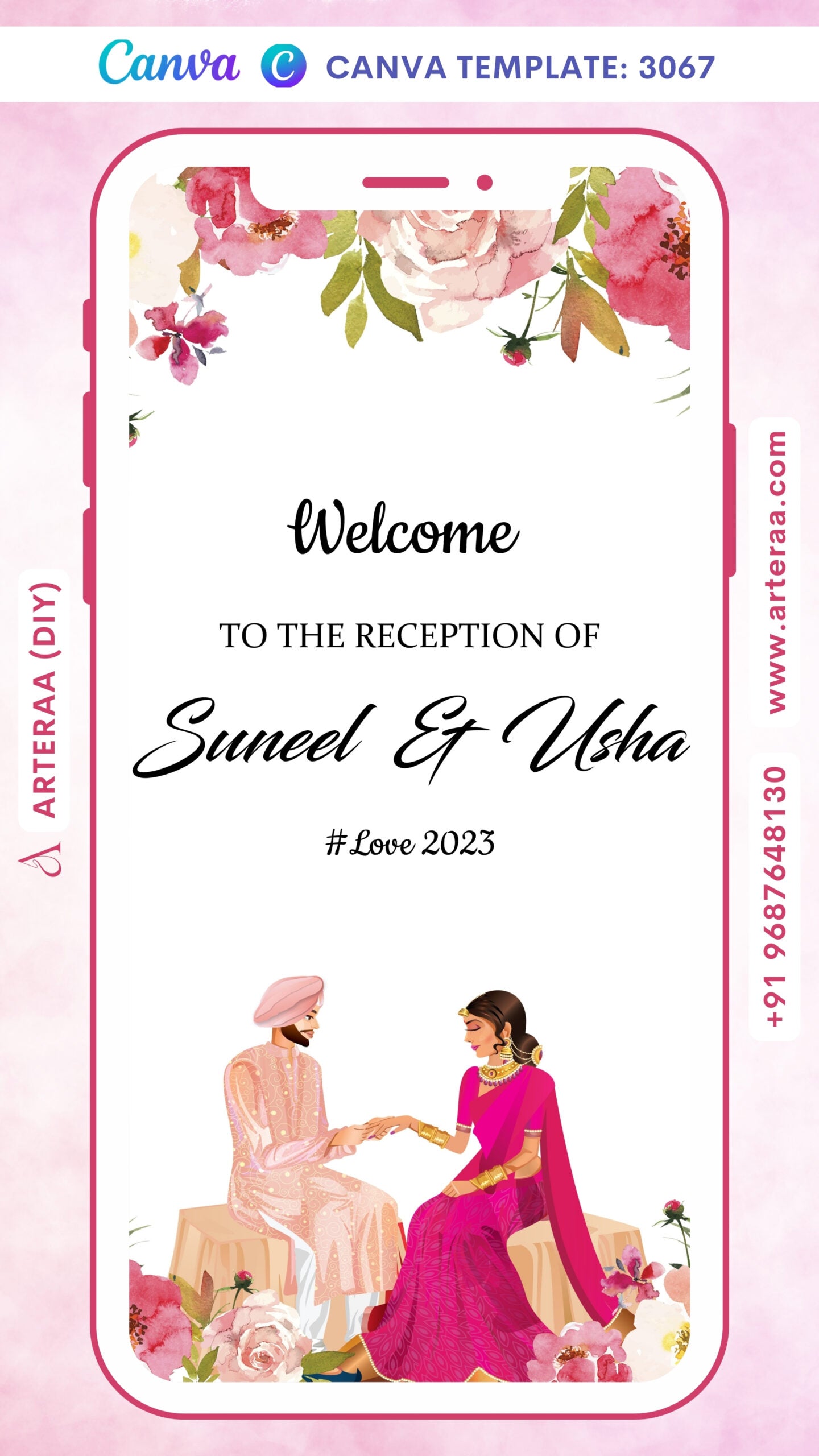 Digital Reception Invitation of Indian Family in English Language With Floral Theme Canva Editable Template Design No. 3067