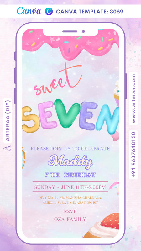 Birthday party invitation card by canva in English language with candy theme Canva Editable Template design 3069