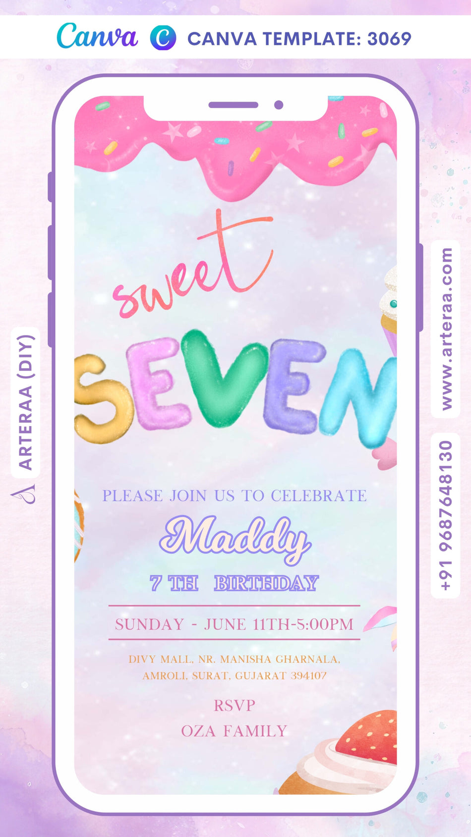 Birthday party invitation card by canva in English language with candy theme Canva Editable Template design 3069