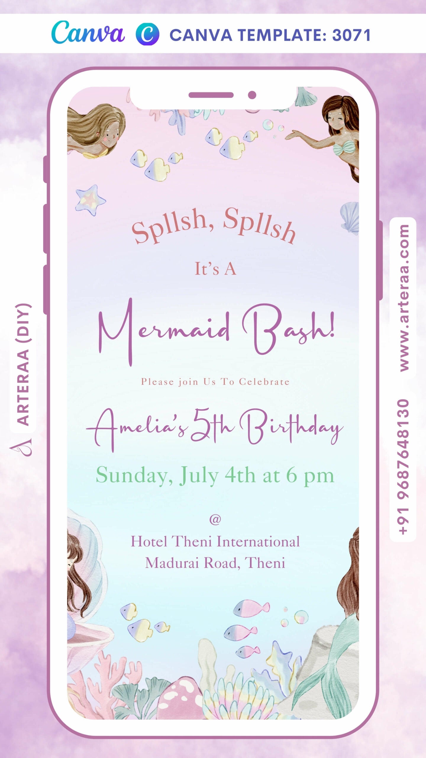 Birthday party invitation card by canva for girl in English language with mermaid theme Canva Editable Template design 3071