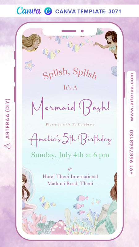 Birthday party invitation card by canva for girl in English language with mermaid theme Canva Editable Template design 3071