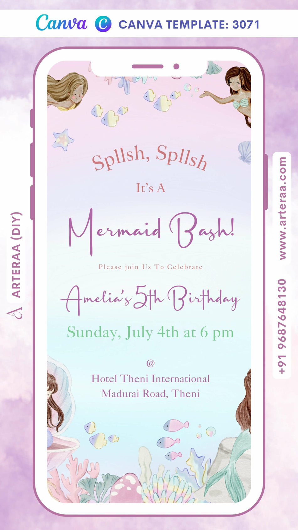 Birthday party invitation card by canva for girl in English language with mermaid theme Canva Editable Template design 3071